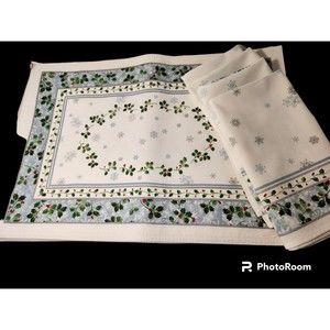 Vintage Linen 5 Placemats  Matching 4 Napkins Holly Snowflakes Holiday Christmas